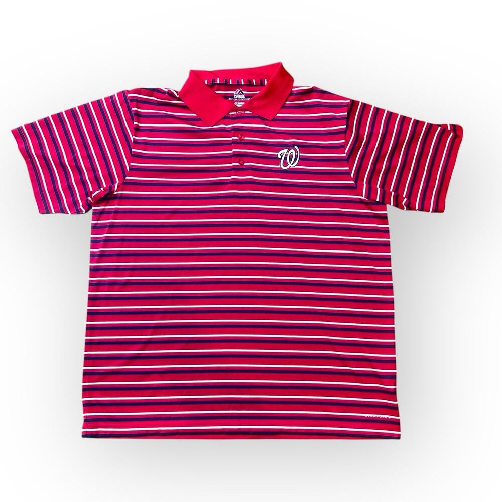 Men's Majestic Washington Nationals Red Striped Cooling Polo Golf Shirt XL